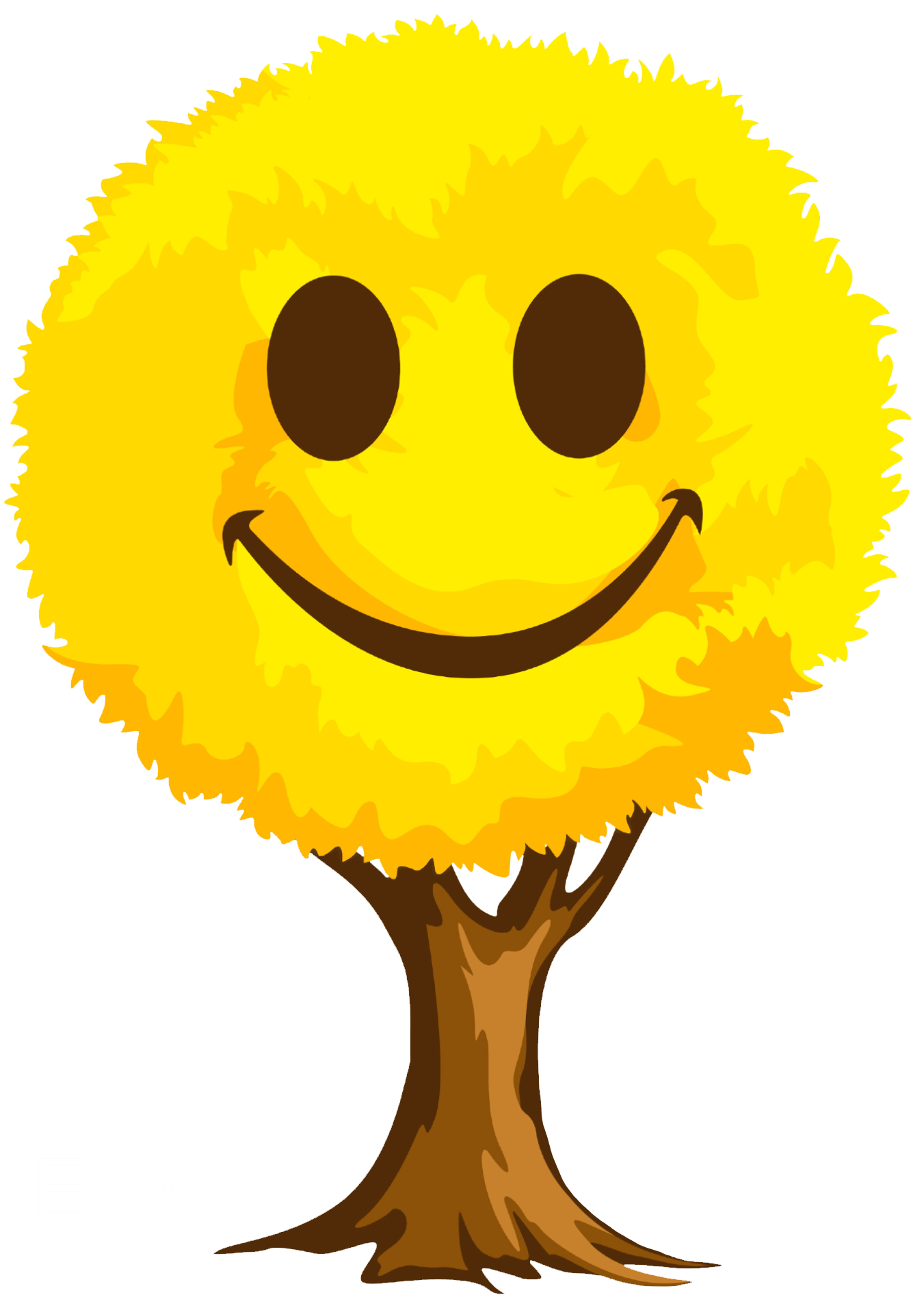 Cartoon yellow fluffy tree with a smiling face and brown trunk