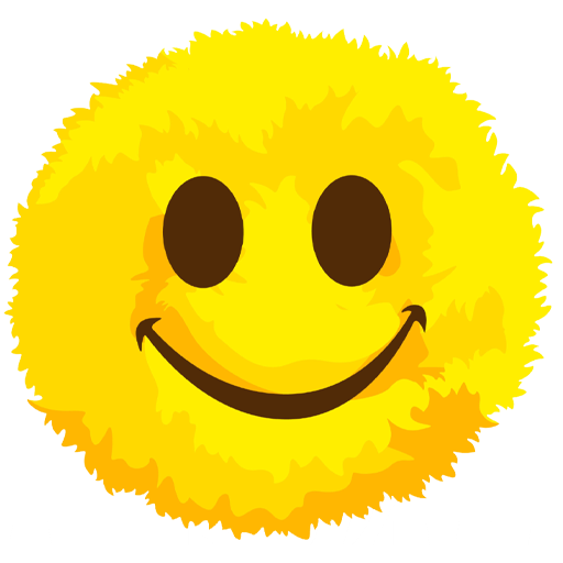 Fuzzy yellow smiley face emoji with brown oval eyes and a curved smile